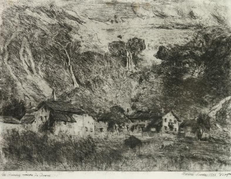VERNIER (actif au XXe siècle)
Maison de France
Plume et encre noire, lavis gris.
Titré, daté et signé en bas Les dernières maisons de France, Vernier 1936.
38 x 50 cm.