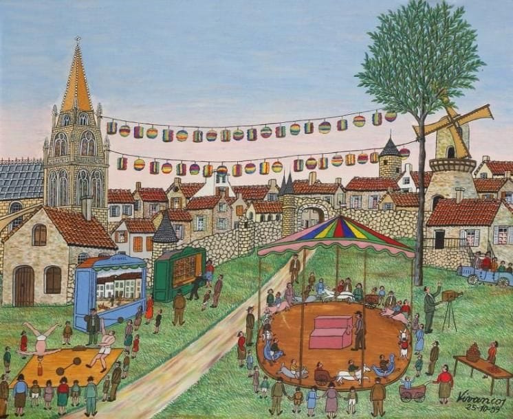 Miguel Garcia VIVANCOS [espagnol] (1895-1972)
Une fête au village, 1959 Huile sur toile. Signée et datée 25-10-59 en bas à droite, signée, datée et titrée au dos. (petit enfoncement vers le centre). 50 x 61 cm.