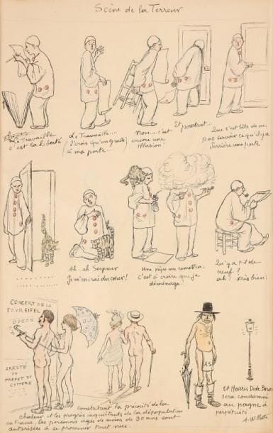 * Adolphe-Léon WILLETTE (1857-1926)
Scène de la terreur Dessin à l'encre rehaussé d'aquarelle. Signé en bas à droite et annoté. 36 x 23,5 cm.