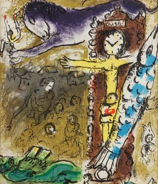 Marc CHAGALL (1887-1985)
Christ à l'horloge - Personnages, 1957 Deux lithographies. Non signées. 22 x 19,5 cm.