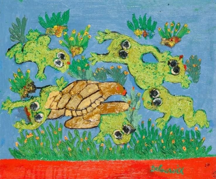 Emilienne DELACROIX (1893-1990)
Grenouilles et tortue Huile sur toile entoilée. Signée en bas à droite. 46 x 55 cm. Exposition: Emilienne Delacroix, Exposition Château-Musée Grimaldi, Cagnes-sur-Mer 2003, reproduit p. 57.
