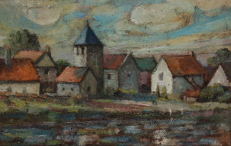 * Ferdinand DESNOS (1901-1958)
Village au bord de l'eau Huile sur toile. (restaurations). 23 x 34 cm.