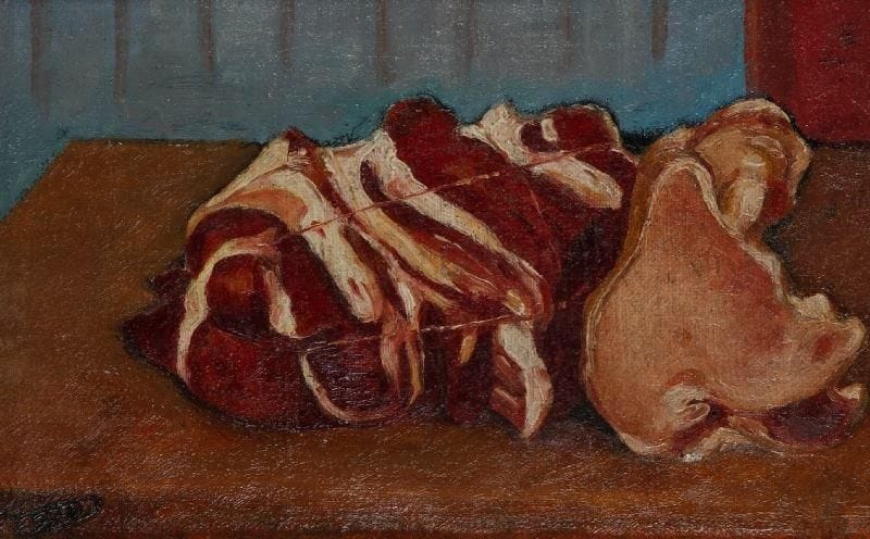 * Ferdinand DESNOS (1901-1958)
La pièce de boeuf Huile sur toile. Signée en bas à gauche. 22 x 33 cm.