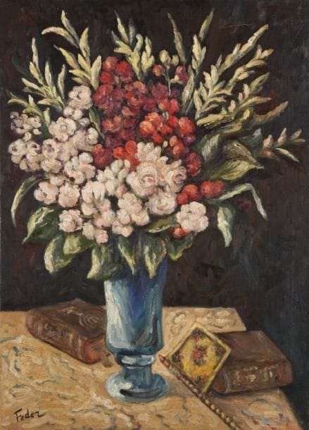 Adolphe (Aizik dit) FEDER (1885-1943)
Grand bouquet dans un vase Huile sur toile. Signée en bas à gauche. (sur sa toile d'origine; restaurations; déchirures sur le bord supérieur droit et à la partie moyenne droite). 90 x 65,5 cm.
