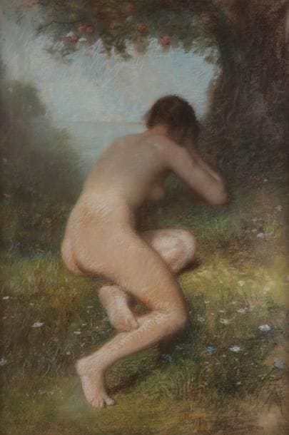 François FEYEN-PERRIN (1826-1888)
Nu dans un paysage Pastel. Signé en bas à gauche et porte le timbre de la vente de l'atelier au dos sur le châssis. 72 x 52 cm. Provenance: Vente Feyen-Perrin.