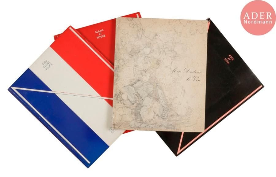 [ŒNOLOGIE - VINS NICOLAS] 
Réunion des 3 plaquettes in-folio brochées, éditées par les établissements NICOLAS de 1930 à 1932 et illustrées par Paul Iribe :
- Plaquette n°1 : Blanc et rouge, La Belle au bois dormant. Texte de Georges Montorgueil.
- Plaquette n°2 : Rose et Noir, Le Mauvais génie, précédé d’un Dialogue moderne en trois temps et trois cocktails par René Benjamin 
- Plaquette n°3 : Bleu blanc rouge. Non coupé.
Bon état. Quelques défauts et usures aux couvertures cartonnées.

On joint : 
Mon docteur le Vin, Paris, Nicolas, 1936, aquarelles de Raoul DUFY. in-4, broché sous couverture illustrée, rempliée. Catalogue imprimé par Draeger pour les établissements Nicolas avec une typographie de Cassandre.