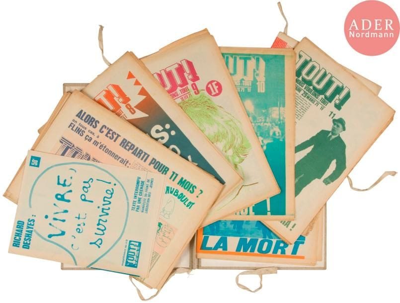[PériodiqueS - GAUCHISME POST 68] 
TOUT ce que nous voulons : Tout. Périodiques édités entre le 8 septembre 1970 et le 29 juillet 71. 15 numéros et un supplément au numéro 9. Directeur de publication Jean-Paul SARTRE. Journal du groupe « Vive la Révolution (VLR) » où militait Roland Castro.
