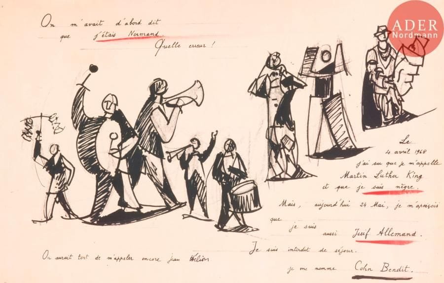[AFFICHE MAI 68 signée]
Jean HELION (1904-1987)
Aujourd’hui 24 mai… je me nomme COHN-BENDIT, 1968
Lithographie.
Signée et datée dans le texte.
Entoilée
37.5 x 58.5 cm