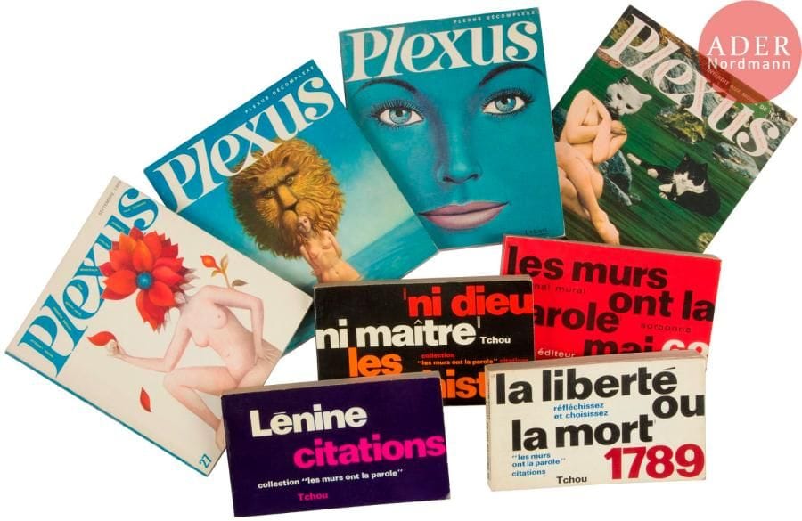 [LIVRES - MAI 68]
Quatre livres de la collection « Les Murs ont la parole » dirigée par Michèle Cotta chez Tchou Éditeur :
- La Liberté ou la mort, réfléchissez et choisissez… 1789.
- Citations de Lénine, Victoire pour les exploités.
- Ni Dieu Ni Maître, les anarchistes.
- Les murs ont la parole, mai 68.

On joint : 
- 4 numéros de la revue Plexus décomplexé. Numéros 4, 3, 12 et 27.
- 4 petits Livres rouges MAO TSE-TOUNG - Citations du président Mao Tse-Toung.
Une version française en couleur de 1966.
Trois versions chinoises de 1966 et 1970.