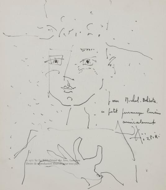 Paul AIZPIRI (1919-2016)
Portrait, vers 1975
Encre sur une page de revue.
Signée et dédicacée.
26 x 22.5 cm