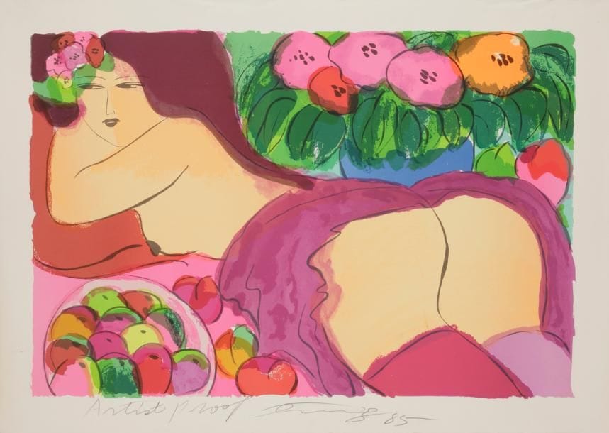 Walasse TING (né en 1929)
Femme nue aux fleurs et aux fruits, 1985
Lithographie.
Signée et datée en pied.
Épreuve d’artiste.
72 x 101 cm