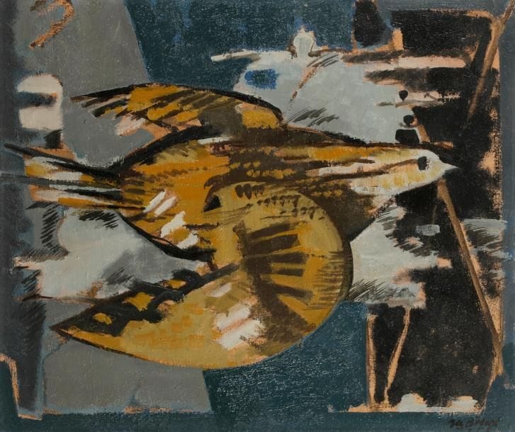 Jean-Claude BEDARD (1928-1987)
Oiseau d’or, 1956
Huile sur toile.
Signée et datée en bas à droite.
54 x 65 cm