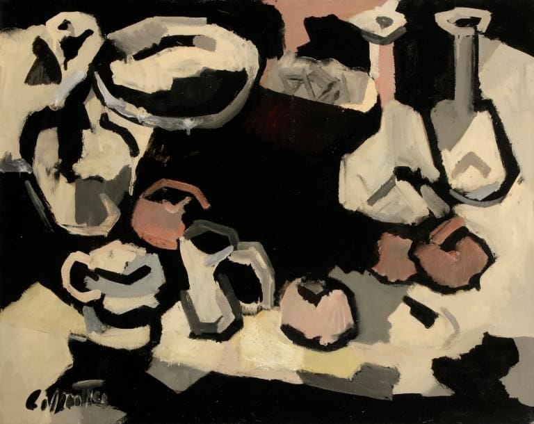 Jean-Marie CALMETTES (1918-2007)
Nature morte aux carafes, 1955
Huile sur toile.
Signée en bas à gauche.
Signée et datée au dos.
(Restaurations).
60 x 73 cm