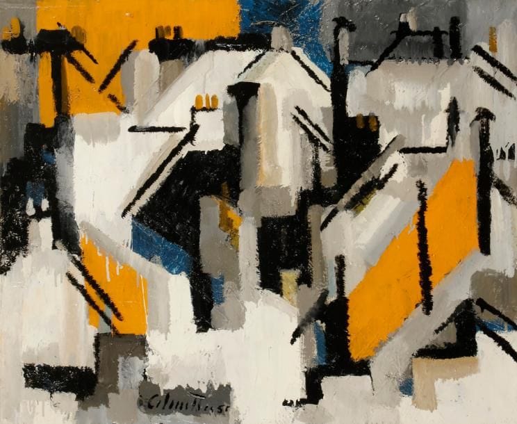 Jean-Marie CALMETTES (1918-2007)
Les Toits, 1956
Huile sur toile.
Signée et datée en bas vers la gauche.
Signée et datée au dos.
60 x 75 cm