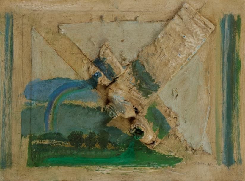 Ferit ISCAN (1931-1986)
Le Matériel d’un  paysagiste, 1971
Huile et tube de peinture sur panneau.
Signée et datée en bas à droite.
Signée, datée et titrée au dos.
24 x 33 cm
Provenance : 
Galerie Tamenaga, Paris (étiquette au dos).