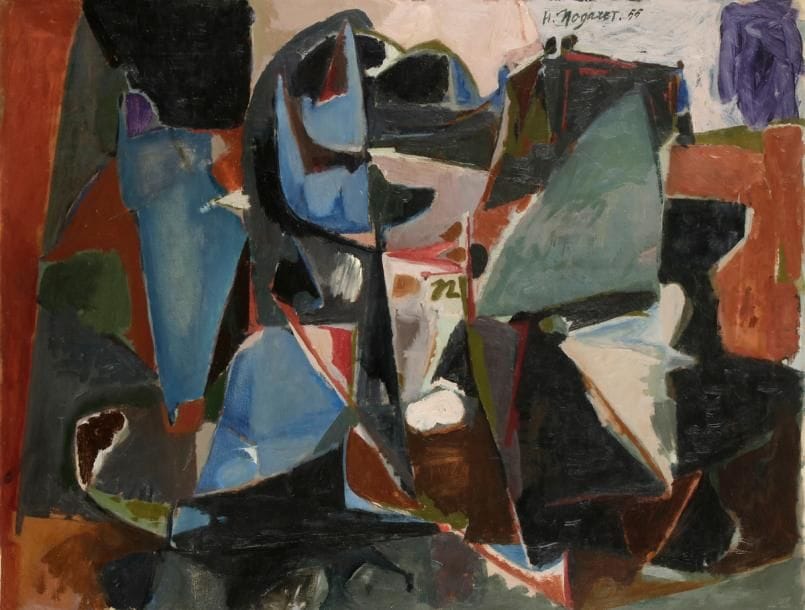 Henri NOGARET (né en 1927)
Composition, 1955
Huile sur toile.
Signée et datée en haut à droite.
Signée au dos sur le châssis.
73 x 92 cm
Exposition :
Prix du Dôme, n°1336 (étiquette au dos).