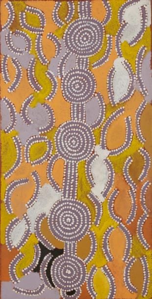 Dinny Nolan TJAMPITJINPA (né en 1922)
Rêve de la banana du bush à Wanapi, 2003
Acrylique sur toile.
Signée, datée et titrée au dos.
91 x 46 cm
Provenance : 
- Centre artistique  Art center Papunya Tula Artists, Papunya, Northern Territory (Cat. n°DN03020238).
- Vente Cornette de Saint-Cyr, Drouot-Montaigne, 9 mai 2011, n°102.