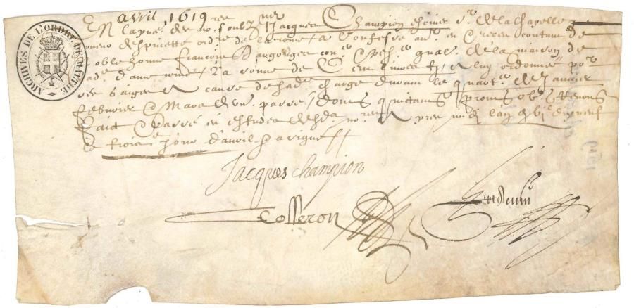 MUSIQUE BAROQUE 3 PS, 1619-1683 ; vélins oblong in-8 et in-fol
   Jacques Champion, « escuier Sr de la Chapelle joueur d’espinette ordinaire de la cour » : reçu des gages de sa charge (1619) Guillaume Leblouey, « Chantre de la Chappelle de Sa Majesté » : reçu d’un don de 300 livres de Sa Majesté en considération de son service (1623) Louis XIV (secrétaire) et Colbert : brevet de don de l’abbaye commendataire de Saint-Euroul au Prince Guillaume Egon de Furstemberg, évêque de Strasbourg, à charge de payer 1200 livres par an à Henry Dumont, « Maistre de la musique de la chapelle de Sa Majesté », et d’autres sommes à des clercs Ancienne collection Henry Prunières
