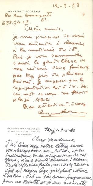 OPÉRA 7 LAS adressées à Christiane Issartel
   Mirella Freni, Raymond Rouleau, Giorgio Strehler, Georges Wakhevitch (4, une au sujet de son dernier décor pour Le Cid de Massenet) Plus une carte de visite des Georges Jouatte
