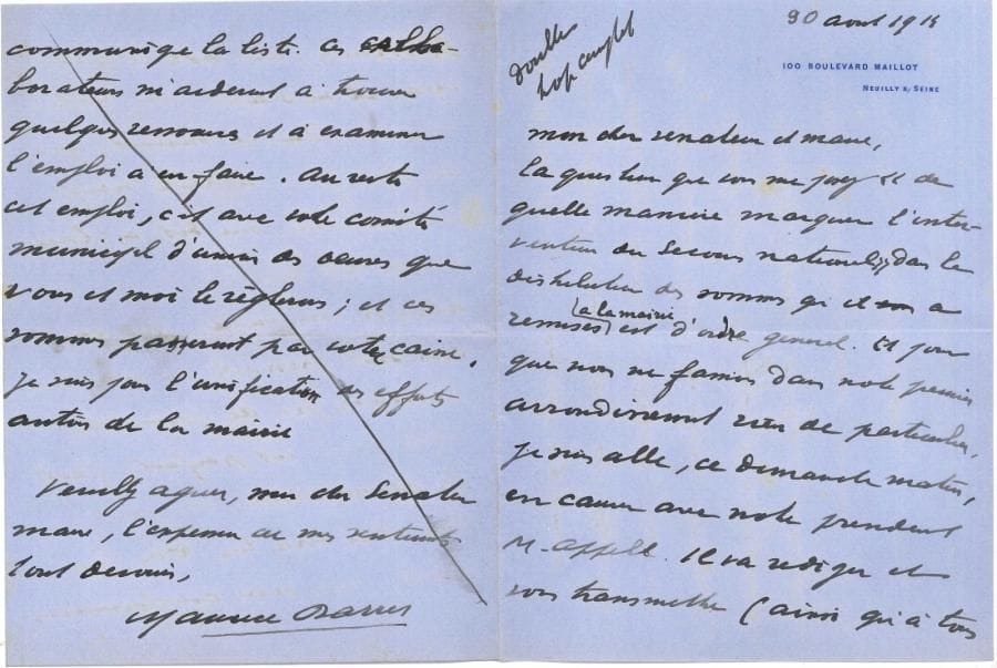 Maurice BARRèS (1862-1923) 6 LAS, Paris ou Neuilly 1914 et sd ; 11 pages in-8, la plupart à en-tête Chambre des Députés
   Ensemble relatif au Secours national, organisme caritatif fondé le 4 août 1914 18 août 1914, à un Vendéen, remerciant pour un don de 10 francs… 30 août 1914, à un sénateur-maire Il vient de causer de la distribution des sommes avec le président Paul Appell, qui va rédiger une note pour les maires « Mais il ne s’agit pour notre mairie, dans ce moment, que de faire face à trente neuf sollicitations, me dit-on Encore sur ces 39 avez-vous dû en rayer Alors si vous jugez que ces cas sont pressants ne nous embarrassons pas de formalités ; notre accord est parfait »… 26 septembre 1914, à M Glachant : instructions relatives aux enquêtes qui seront faites par des mairies, les sommes d’argent reçues ou à distribuer… 3 octobre 1914, pour faire accréditer Julien Lemonier… 3 octobre 1914, au président Paul Appell, demande de précision sur l’argent à l’œuvre… – « Il est indispensable que nous causions le plus tôt possible »…
