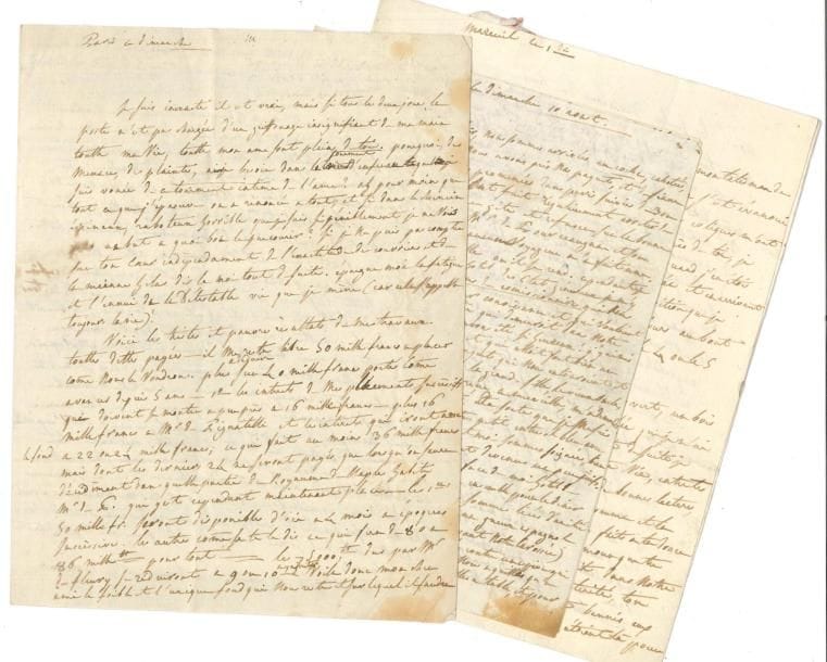 Aimée de Franquetot de COIGNY (1769-1820) 5 LAS et 4 LA, [1799-1814], à Maillia Garat ; 15 pages in-4 ou in-8, plusieurs adresses
   Belle et rare correspondance amoureuse de celle qui fut « la jeune captive » d’André Chénier, et qui « enleva » Maillia Garat à Sophie de Condorcet [Jacques-Joseph Garat, dit Maillia Garat (1767-1839), neveu du ministre de la Justice et frère du célèbre chanteur, devint en 1799 membre du Tribunat ; grand séducteur, il eut de nombreuses conquêtes féminines]
    — « Bonjour tout ce que j’aime ! Tu dors ! Je meurs d’envie d’ouvrir ta porte et tes rideaux de me précipiter dans ton lit et de t’y embrasser jusqu’a mourir » Mais elle doit partir « Tendre ami ! Songe au bonheur que tu m’as donné ! parce que c’est un gage doux et sacré pour notre avenir et promets moi de me tuer avant de rompre la chaine adorée qui nous unit ! » — « Au moment où ton homme a frappé a la porte, j’etois dans un accès d’inquietude et de malheur que toi seul fais guérir et donner, je finissois la lettre la plus extravagante et je pleurois comme une folle » Elle va chercher un logement — Voyage à Mareuil « En te quittant cher ami j’ai perdu mon talisman de bonheur » Évocation des paysages traversés, de la douce image de son « Mailliaimé » et de « la ferveur voluptueuse de l’amour que tu inspire » — Mareuil 22 « Qu’il me tarde d’être près de toi ! de t’embrasser, de faire tous nos petits détails de ménage de lire, de causer, de promener, de dormir ensemble et de nous réveiller près l’un de l’autre ! Mon doux petit, n’oublie pas tout cela, que ton cœur te serve de mémoire » — Elle expose en détail sa situation financière difficile Elle écrit à l’Empereur et à l’Impératrice ; Talleyrand présentera sa requête Elle va tenter de dégager dix mille francs qu’elle enverra à Garat à Bordeaux Elle a vu Benjamin Constant — Pittoresque récit de son voyage de retour de Bordeaux à Paris, émaillé d’un incident causé par un espion que deux soldats ont voulu jeter à bas de la di