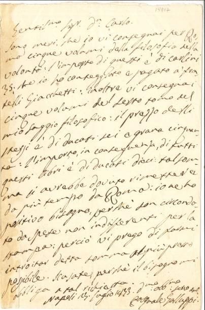 Pasquale Galluppi (1770-1846) philosophe italien LAS, Naples 13 juillet 1843, au Dr Carlo Troja, à Naples ; 1 page in-8, adresse ; en italien (restes d’onglets avec traces de collage)
   Au sujet d’achats de livres : les 5 volumes de la Filosofia della volonta, cinq exemplaires du 6e tome de son propre Saggio filosofico…
   On joint une belle LAS politique à lui adressée par Victor Cousin, Paris 13 octobre 1831, plus un portrait
