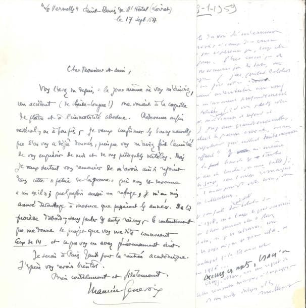 Maurice GENEVOIX (1890-1980) 2 LAS, 1959-1964, [à Henry de Montherlant] ; 2 pages in-8
   Paris 14 juin 1959 Il regrette que leur rencontre ait été ajournée « puisque cela est dû à la crise douloureuse qui vient de vous éprouver […] J’aurais aimé de m’entretenir avec vous, en marge de vos livres et des souvenirs qui nous sont communs Leur marque demeure profonde et nous eût, j’en suis sûr, rapprochés »… Les Vernelles 17 septembre 1964 « Je veux surtout vous remercier de m’avoir ainsi rejoint dans cette patrie de la guerre qui nous est devenue un exil ; quelquefois aussi un refuge, je m’en suis assuré davantage à mesure que passaient les années De là procède d’abord […] le contentement que me donne le projet que vous me dites concernant Ceux de 14 et ce que vous en avez généreusement écrit »… On joint le brouillon autographe d’une lettre de Montherlant (10 juin 1959) évoquant Le Songe et la guerre de 1914-1918, « convaincu d’autre part que la France est morte en 1916… »
