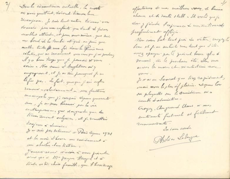 Philéas Lebesgue (1869-1958) 10 LAS et 7 LS, La Neuville-Vault (Oise) 1946-1951, à son ami Jacques Heugel ; 32 pages formats divers
   Correspondance amicale du poète et ésotériste, principalement sur l’œuvre de Jacques Heugel (Essais sur la poésie française, conférence sur Victor Hugo, Poèmes, Souvenirs d’autres mondes…), avec allusions à ses propres souffrances : santé, mort de son fils, nostalgie de ses années fructueuses…

