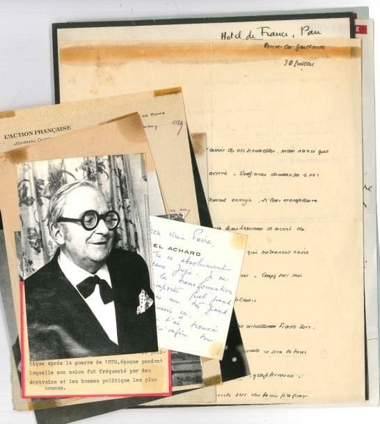 Littérature 25 lettres ou pièces, la plupart LAS (taches et défauts ; on joint des photos)
   Marcel Achard, Juliette Adam (répar), Jacques Bainville, Henry Bataille, Pierre Benoit, Henry Bernstein, Henry Bordeaux, Paul Bourget (2), Achille Buffier, Francis Carco (citant un poème), Pierre Decourcelle (à sa « petite amie Lucie »), Georges Duhamel, Claude Farrère, Rosemonde Gérard, Paul Hervieu, Camille Jullian, Léo Larguier, Maurice Maeterlinck, Pierre Loti (sur la Roche-Courbon), Paul et Victor Margueritte, Jules Romains, JH Rosny aîné, Jean Rostand, Willy
