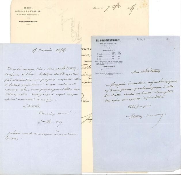 Henry MONNIER 5 LAS, 1854 et sd, à Armand Dutacq ; 1 page in-4 ou in-8 chaque, qqs en-têtes Le Pays, journal de l’Empire ou Le Constitutionnel, une adresse
   15 janvier 1854 Dutacq a dû recevoir la réponse de Lebègue de Bruxelles « J’ai retrouvé dans mes papiers un petit traité d’Hetzel que je t’envoie et qui me donne le champ libre, ce me semble, pour traiter avec Charpentier »… 7 décembre 1854 Il est venu comme convenu avec MM Chéronnet, « pour vous conduire à la Conciergerie »… 185– Il ne pourra être des siens : il part « chercher un bonnet champêtre »… Lundi 20 Profitant d’une occasion pour expédier ses peintures à Bruxelles, « je te prie seulement de me garder les gravures que je t’envoie et que tu fourniras où bon te semblera »… Jeudi « Je suis chargé d’une bien triste chose, je garde la pauvre petite Berthoud qui est décédé hier Ses père et mère partent après et pour comble de malheur je joue demain jour de son enterrement à un bénéfice »…
