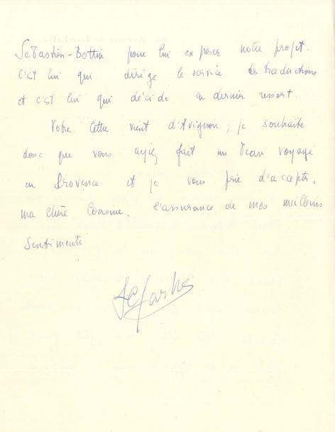 Jean-Paul SARTRE (1905-1980) LAS, Paris 17 septembre [1938], à une cousine [Suzanne Ehretsmann, Mme Léon Oswald] ; 3 pages in-8
   Projet de traduction du Mur « Je me souviens du séjour que j’ai fait avant la guerre à Gunsbach, mais aussi d’un autre séjour, fait je crois en 1921 ou 22, où j’avais eu le plaisir de mieux vous connaître, ainsi que votre mari, le docteur Oswald Votre lettre m’a fait grand plaisir, en me rappelant tous ces souvenirs Il n’y a, à ma connaissance, aucun accord entre le traducteur du Mur et la maison Gallimard Je serais tout particulièrement heureux si vous vouliez bien traduire le roman et les nouvelles (qui vont paraître en livre au mois de novembre ou au moins de décembre et dont je me permettrai de vous envoyer un exemplaire) Je vais donc écrire sur le champ à la NRF en insistant beaucoup sur le plaisir que j’aurais à être traduit par vous »…
