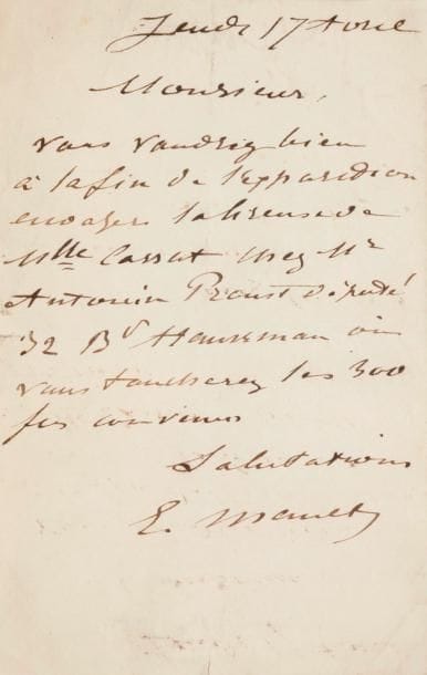 Édouard MANET LAS, Jeudi 17 avril [1879] ; 1 page in-8 (encadrée)
   « Vous voudrez bien à la fin de l’exposition envoyer La Liseuse de Mlle Cassat chez Mr Antonin Proust député 32 Bd Haussmann où vous toucherez les 300 frs convenus »
   [Il s’agit de la quatrième exposition des Impressionnistes, en avril 1879, au 28 avenue de l’Opéra Mary Cassatt y exposait douze tableaux, dont sa Femme lisant, aujourd’hui au Joslyn Museum d’Omaha (Nebraska) Le critique d’art et homme politique Antonin Proust (1832-1905), ami de Manet, fut l’un des premiers acheteurs de Mary Cassatt]
