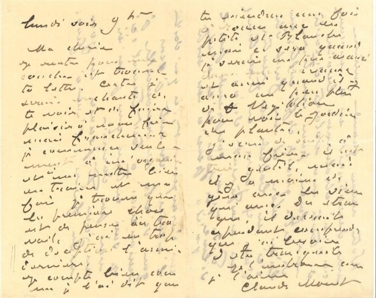 Claude MONET LAS, lundi soir 9 h [Rouen 20 février 1893], à sa femme Alice ; 4 pages in-8
   Belle lettre à sa femme alors qu’il travaille à sa série des Cathédrales de Rouen
   « Certes je serais enchanté de te voir et de faire plaisir à mon frère mais franchement je commence seulement à m’organiser et à me mettre bien au travail et ma foi, je trouve que la première chose est de penser au travail, j’ai eu trop de déceptions l’année dernière Je compte bien comme je l’ai dit que tu viendras une fois à Rouen avec la petite, et Blanche aussi ce sera quand je serai un peu avancé […] et aussi quand il y aura un peu plus de végétation pour voir le Jardin des plantes »… Son frère, qui est très gentil, devrait comprendre que Monet a besoin d’être tranquille « Votre venue quand même me dérouterait en ce moment car j’ai absolument besoin de toute ma volonté, de toutes mes forces pour me tirer de cette grande difficulté ; ou bien alors il me faut être ici en ballade et rentrer dans 8 jours Ces tiraillements m’exaspèrent »… Et cependant il ne comprend pas le silence de Jean, sauf si son fils pensait lui éviter un dérangement « Du reste je sens que si cela se renouvelle je renoncerai à tout travail ici »…
