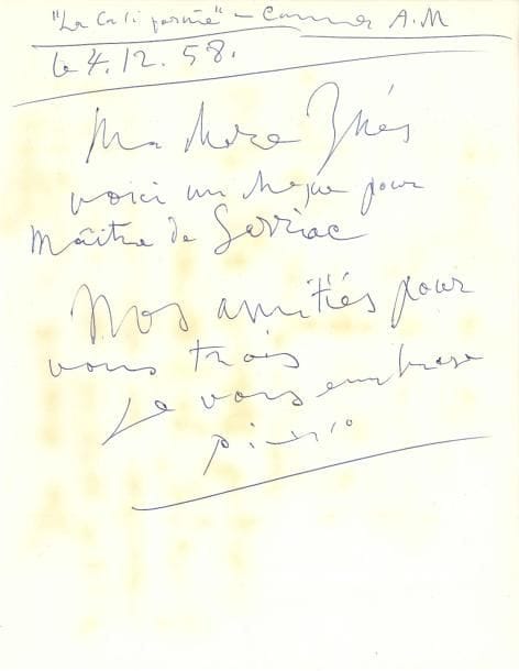 Pablo PICASSO (1881-1973) LAS, “La Californie”, Cannes 4 décembre 1958, à Inès Sassier (son ancienne domestique, devenue amie et femme de confiance) ; ¾ page in-4
   « Ma chère Inès voici un chèque pour Maître de Sarriac Nos amitiés pour vous trois Je vous embrasse »… [Il s’agit de la pension alimentaire pour ses enfants Paloma et Claude]
