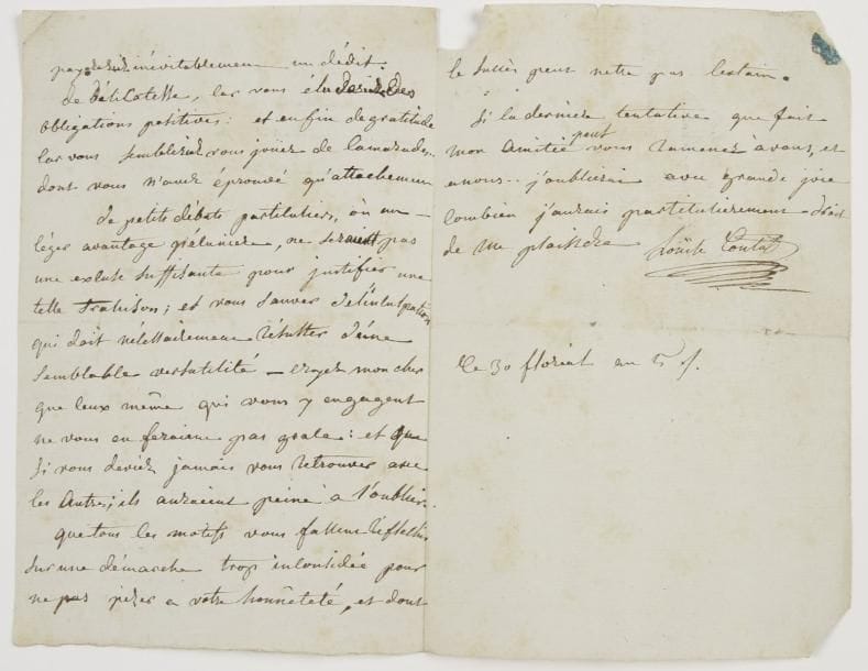Louise CONTAT (1760-1813) actrice, sociétaire de la Comédie-Française, elle créa la Suzanne du Mariage de Figaro LAS « Louise Contat », 30 floréal V (19 mai 1797), à Barthélémy Larochelle, « artiste du théâtre Feydeau » ; 2 pages et demie in-8, adresse
   Belle lettre à son camarade qui veut quitter le théâtre Feydeau « J’ai commencé la carrière avec vous [] j’ai une des premiere souhaité qu’on vous rachettat au Théatre de la République et dernierement encore, provoqué les efforts quon a fait pour vous attacher à celui de Feydeau » Elle lui rappelle qu’il a signé un engagement : « en passant a un autre théatre vous manqueriez à la fois de prévoyance pour vous même, car vous payeriez inévitablement un dédit ; de délicatesse, car vous éluderiez des obligations positives ; et enfin de gratitude car vous sembleriez vous joüer de camarades dont vous n’avez éprouvé qu’attachement De petits débats particuliers, ou un léger avantage pécunier, ne seraient pas une excuse suffisante pour justifier une telle trahison »… Etc
   On joint une autre LAS « Louise de Parny », [après son mariage en 1809], à M d’Henneville, amusante lettre où elle se souvient d’une soirée (1 p in-8) ; et une note relative à sa sœur Émilie Contat
