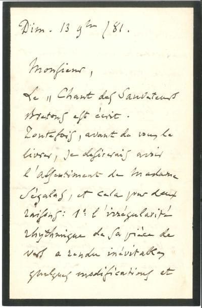 Charles GOUNOD (1818-1893) LAS, Paris 13 novembre 1881, [à l’éditeur H Lemoine ?] ; 2 pages et demie in-8 (petit deuil)
   Le Chant des sauveteurs bretons est écrit, mais « avant de vous le livrer, je désirerais avoir l’assentiment de Madame Ségalas, et cela pour deux raisons : 1° l’irrégularité rhythmique de sa pièce de vers a rendu inévitables quelques modifications et inversions réclamées par la régularité du rhythme et de la prosodie dans la musique : et je ne voudrais ni livrer ni publier ces quelques altérations au texte de l’auteur sans son agrément 2° Je voudrais que Madame Ségalas me donnât son autorisation de publier »…
