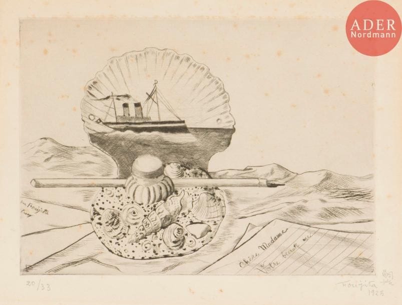 Léonard-Tsuguharu Foujita (1886-1968)
Nature morte aux coquillages et à la missive. 1925. Pointe sèche. 237 x 171. Buisson 25.89. Belle épreuve sur vélin, fortement oxydée, numérotée, signée en idéogrammes et en caractères européens et datée au crayon. Toutes marges non ébarbées. Tirage à 33 épreuves.