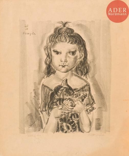 Léonard-Tsuguharu Foujita (1886-1968)
Fillette au chat. 1926. Lithographie. 240 x 300. Buisson 26.87. Épreuve manquant de conservation, collée sur carton, signée à la plume et à l’encre (signature presque effacée et recouverte d’une autre inscription). Fortes traces de frottement sous le sujet. Petites rousseurs au bord droit. Traces de plis perceptibles, dont certains cassés dans l’angle supérieur gauche. Bonnes marges. Éd. artistiques Apollo, Galerie Mantelet (C. Weill), Paris, 1927. Tirage à 50 épreuves.