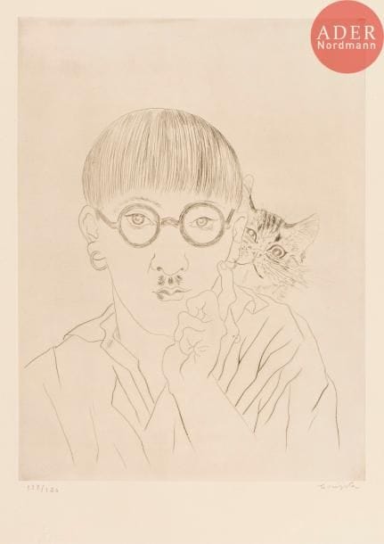 Léonard-Tsuguharu Foujita (1886-1968)
Autoportrait, le chat sur l’épaule. 1927. Pointe sèche. 247 x 330. Buisson 27-02. Très belle et fraîche épreuve sur vélin crème fort, numérotée et signée au crayon. Toutes marges. Tirage à 150 épreuves. Timbre sec : Le Chien de Pique (Lugt 4622).