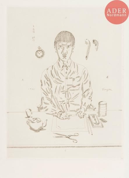 Léonard-Tsuguharu Foujita (1886-1968)
Autoportrait. 1923. Eau-forte. 317 x 415. Johnson 58 ; Buisson 23-22. Très belle épreuve sur vélin blanc fort, non signée comme à l’ordinaire. Toutes marges non ébarbées. Tirage à environ 150 épreuves. A. Vollard éd.