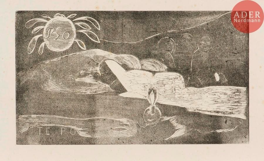 Paul Gauguin (1848-1903)
Te Po (La grande nuit). 1893-1894. Bois gravé. 355 x 205. Mongan, Kornfeld 21 IV a. Belle épreuve du tirage effectué par l’artiste en 1893-1894, en noir sur vélin crème, avec les nouvelles tailles, notamment dans le premier plan à droite et à droite de « Te Po », le foulage très perceptible au verso, avant les deux fentes verticales (visibles dans le tirage de 1921). Très courte déchirure au bord droit. Infimes plis de manipulation en pied. Nombreuses rousseurs claires éparses. Toutes marges. 
 
 « Dans Te Po (La Grande Nuit dit aussi La Nuit), gravure sur bois de la suite Noa Noa, on voit l’esprit derrière une figure couchée, cette fois dans un décor de montagnes, associé à d’autres figures : à gauche du tupapau on distingue notamment l’artiste en personne, sous la forme d’un spectre dans une pose familière, le menton appuyé sur un poing fermé. En intervenant dans la scène, il se désigne comme un médiateur entre l’Occident et Tahiti, mais aussi entre la réalité et l’imaginaire. » (C. Bernardi et O. Ferlier-Bouat, dir., Gauguin l’alchimiste, cat. d’exposition, Paris, RMN, 2017, p. 194).