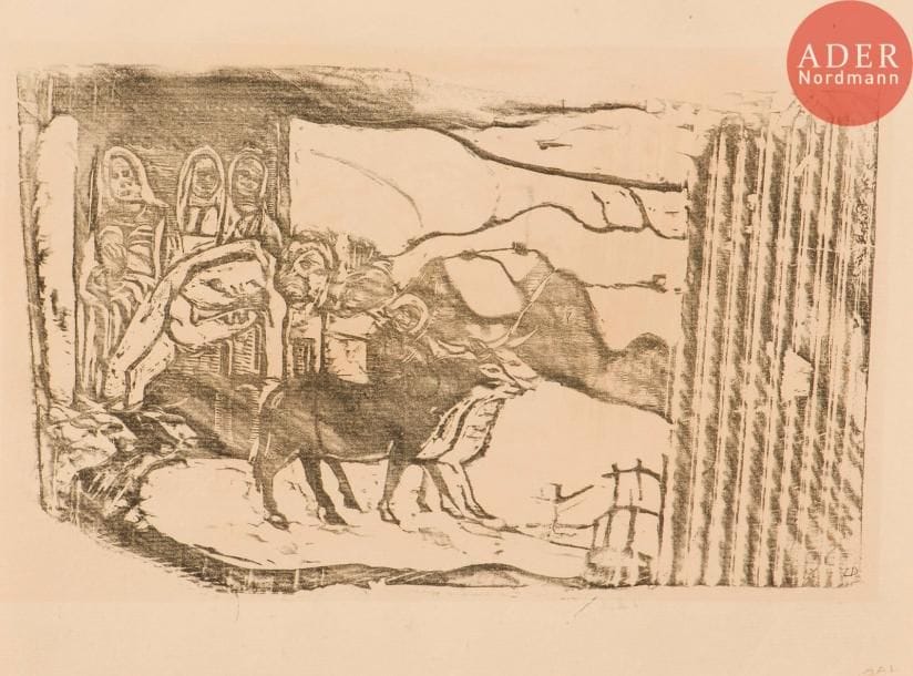 Paul Gauguin (1848-1903)
Le Calvaire breton. 1898-1899. Bois gravé. 262 x 162. Mongan, Kornfeld 50 C. Très belle épreuve sur vergé crème filigrané « Van Gelder Zonen », du tirage effectué pour Eugène Druet avant 1918, avec les initiales « E. D. » à l’encre dans l’angle inférieur droit du sujet. Très claire trace d’oxydation autour du sujet. Plusieurs fins plis obliques de tirage en marge inférieure. Toutes marges.