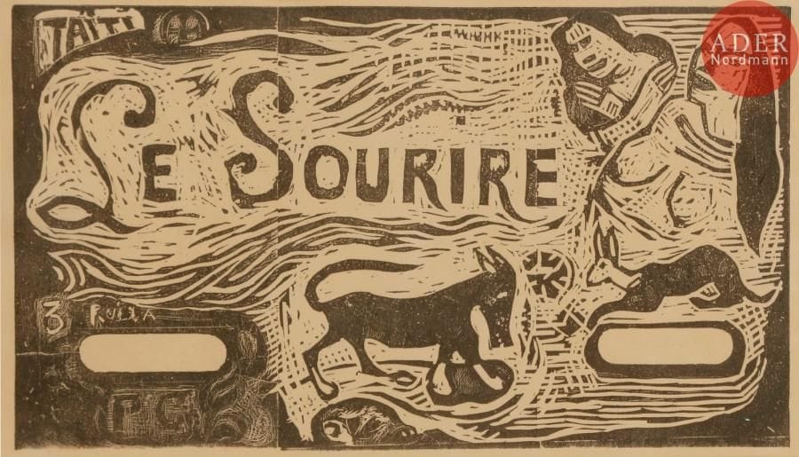 Paul Gauguin (1848-1903)
Titre pour « Le Sourire ». 1899-1900. Bois gravé. 180 x 102. Mongan, Kornfeld 69. Belle épreuve d’un tirage posthume sur vélin glacé, le foulage très perceptible au verso (avec autres traces de foulage du bois tiré à sec dans la marge inférieure au recto). Rousseurs claires en tête. Trace d’oxydation à l’ouverture du montage. Bonnes marges. Cadre. 

Il s’agit probablement d’un tirage d’essai effectué vers 1928 lorsque les Leicester Galleries de Londres acquirent le bois auprès de Pola Gauguin. Ils en effectuèrent alors un tirage à 25 épreuves pour le fils de l’artiste, que celui-ci signa et numérota.