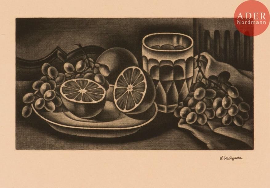 Kiyoshi Hasegawa (1891-1980)
Oranges et raisins. 1932. Manière noire. 295 x 162. Reifu Syobo 228. Très belle et fraîche épreuve sur vélin chamois, revêtue du timbre de l’atelier. Toutes marges.