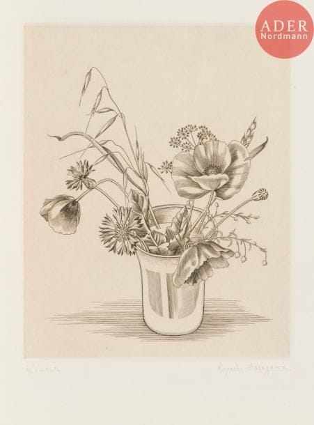 Kiyoshi Hasegawa (1891-1980)
Fleurs des champs (coquelicots et bleuets). 1943. Burin. 220 x 272. Reifu Syobo 269. Très belle épreuve sur chine appliqué, annotée « ép. d’artiste » et signée au crayon puis titrée en pied. Minuscule enfoncement en marge supérieure. Toutes marges. Tirage définitif à 50 épreuves. Timbre sec de l’artiste. Timbre de l’atelier au verso.