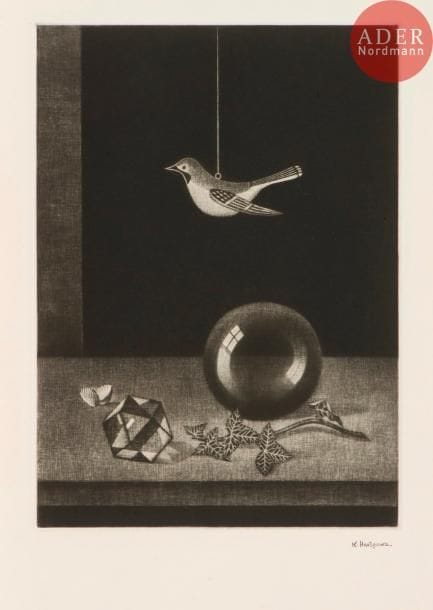Kiyoshi Hasegawa (1891-1980)
Nature morte à la boule de verre. 1959. Manière noire. 257 x 357. Reifu Syobo 307. Très belle épreuve sur vélin, revêtue du timbre de l’atelier. Toutes marges.