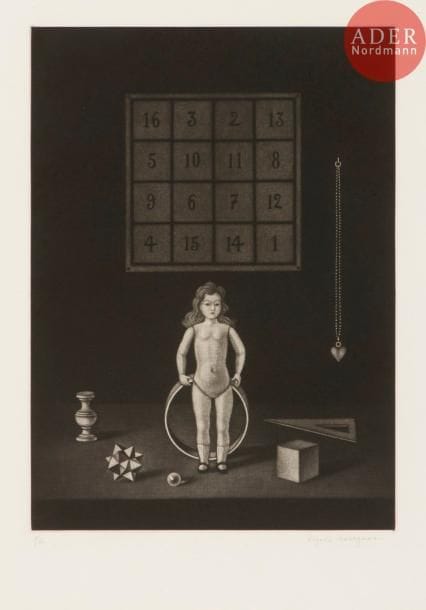 Kiyoshi Hasegawa (1891-1980)
Nature morte à la poupée. 1960. Manière noire. 265 x 362. Reifu Syobo 315. Très belle épreuve sur vélin, numérotée et signée au crayon, puis annotée en pied. Un infime point blanc dans le fond noir à gauche. Toutes marges. Tirage à 60 épreuves. Timbre sec de l’artiste.