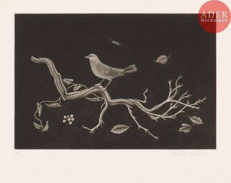 Kiyoshi Hasegawa (1891-1980)
Oiseau sur racine. 1960. Manière noire. 290 x 195. Reifu Syobo 418. Parfaite épreuve sur vélin, numérotée et signée au crayon. Toutes marges. Tirage à 100 épreuves.