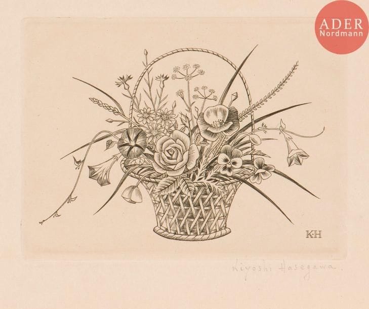Kiyoshi Hasegawa (1891-1980)
Panier à fleurs (carte de vœux pour l’éditeur et marchand Jacquart). 1944-1945. Burin. 115 x 85. Reifu-Syobo 605. Très belle épreuve sur japon, signée au crayon. Infimes rousseurs. Joint : Fenêtre ouverte avec colombe (carte de vœux pour la maison Prouté). 1951. Burin. 86 x 120. Reifu-Syobo 611. Très belle épreuve sur japon, avec les deux volets de texte imprimé. Empoussiérage au verso. Ens. 2 p.