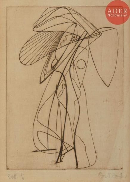 Stanley William Hayter (1901-1988)
Nostradam. 1935. Burin. 105 x 146. Black et Moorhead 93. Belle épreuve sur vergé, oxydée, du 1er état (sur 3), avant de nouveaux travaux, annotée « Etat 1/3 » et signée au crayon. Marges. Tirage définitif à 20 épreuves. Cadre.